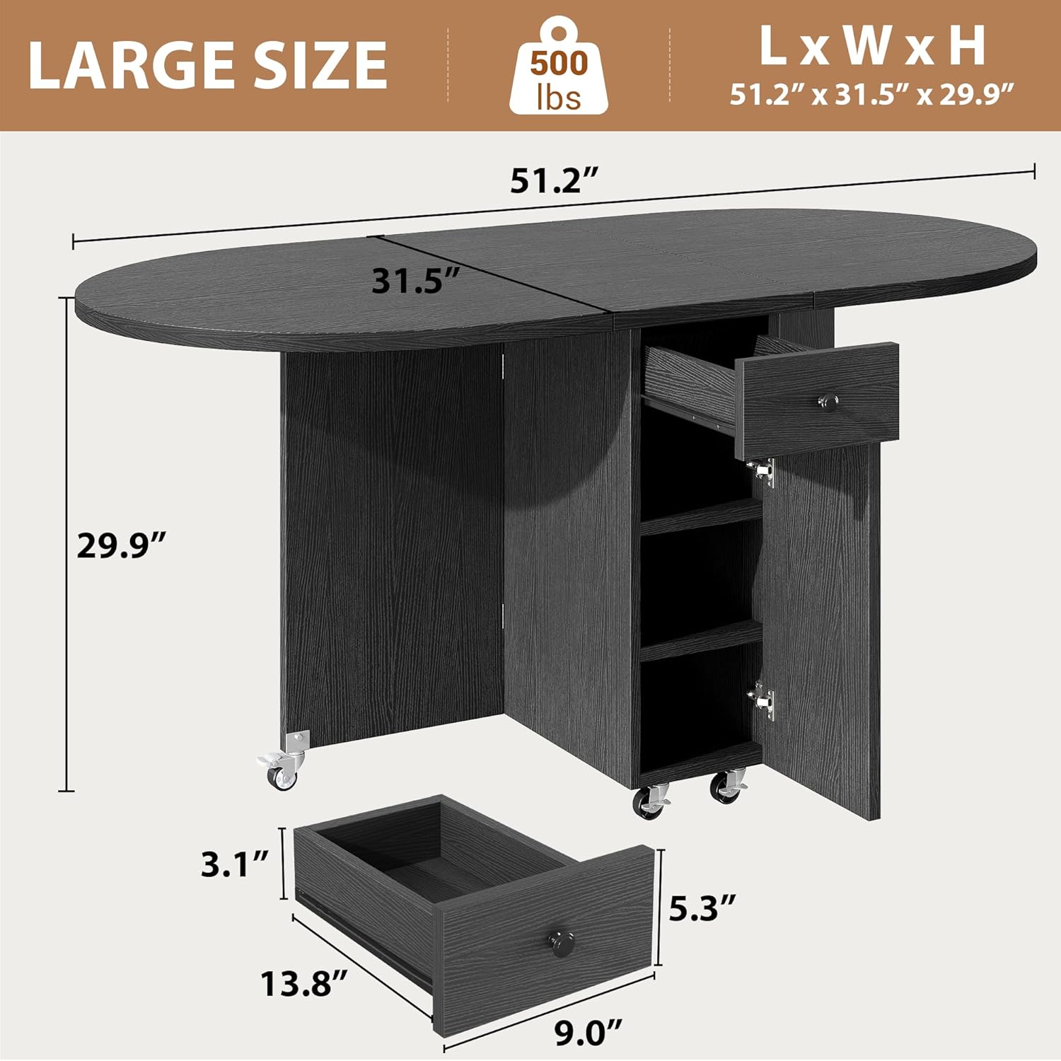 Jocoevol Round Folding Dining Table for 6, Space Saving Drop Leaf Kitchen Table with Storage Drawer, 6 Wheels Oval Gateleg Foldable Dining Table for Small Spaces (Black, 51 x 31.5 x 30)