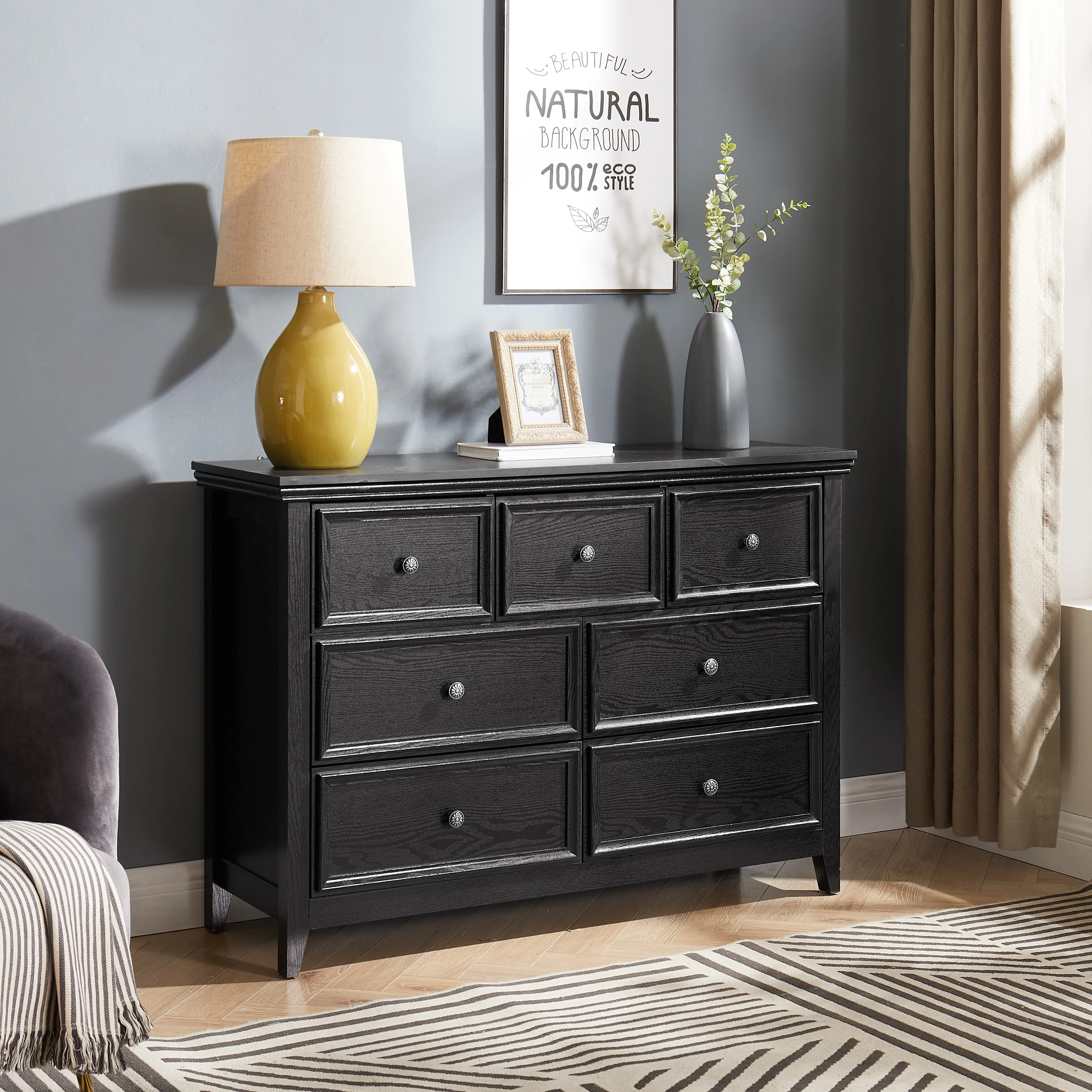 Farmhouse Modern 7-Drawer Horizontal Dresser, Cabinet, Storage Clothes, Storage Drawers Cabinet for Living Room