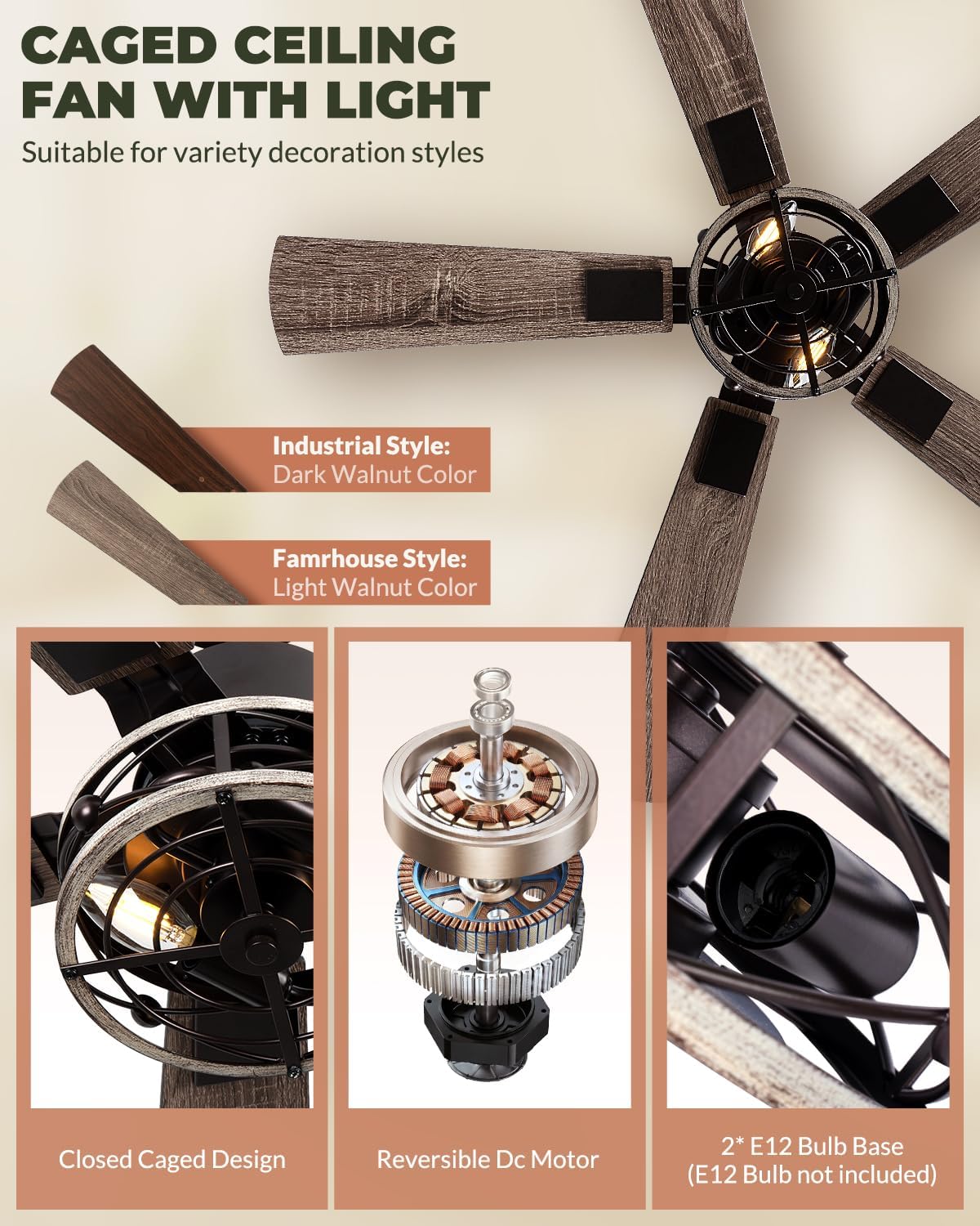 2-Pack 42 Inch Ceiling Fans with Lights, Remote Control Low Profile Flush Mount Ceiling Fan for Living Room Bedroomm, 6 Speeds Bladeless Caged Farmhouse LIghts, Quiet and Reversible DC Motor, Walnut