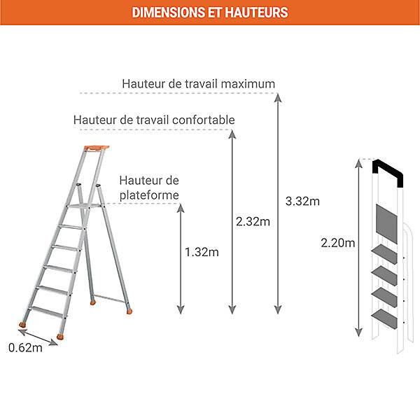Escabeau 6 marches - Hauteur de travail max. 3,32m - 2370006