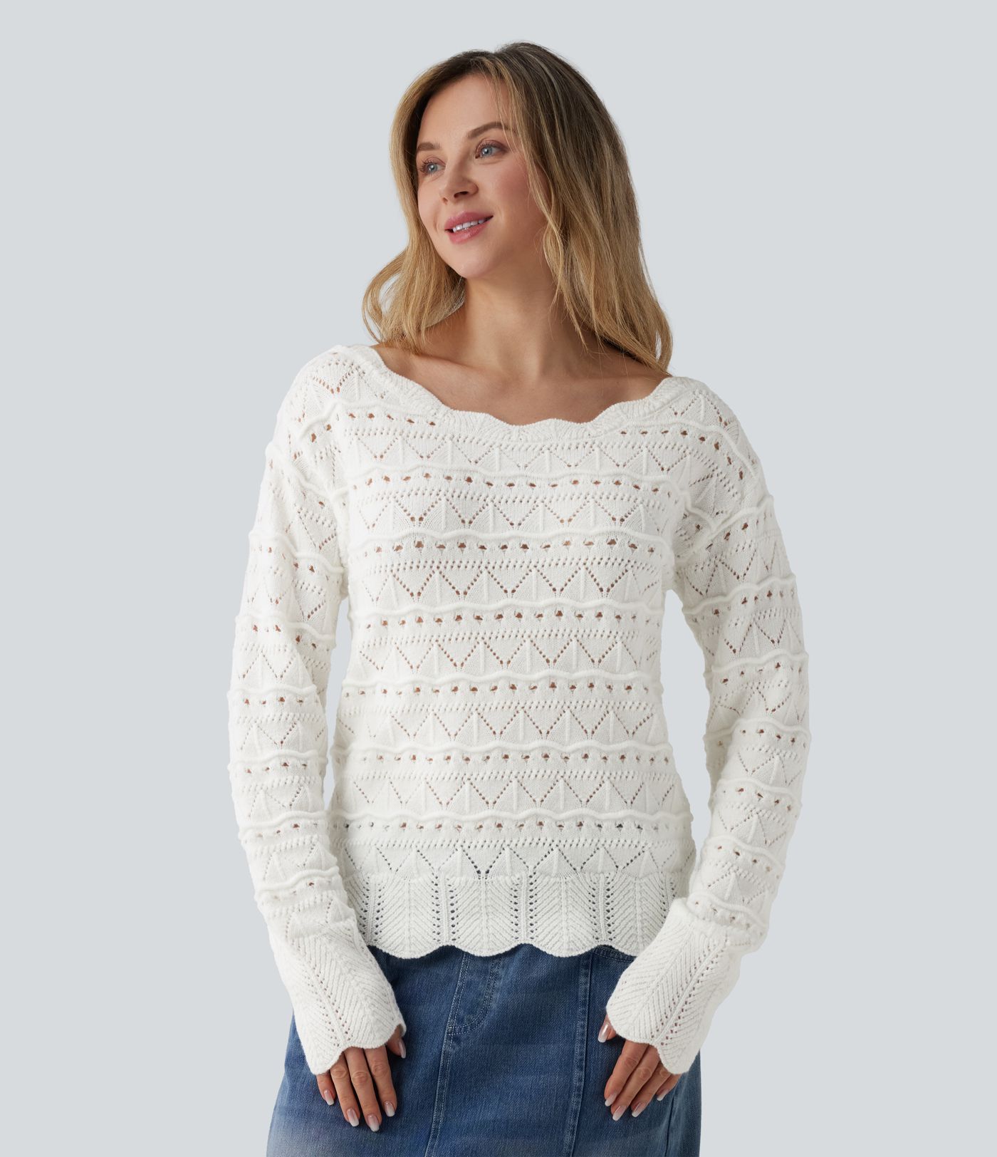 Pull décontracté col bateau manches longues maille ajourée