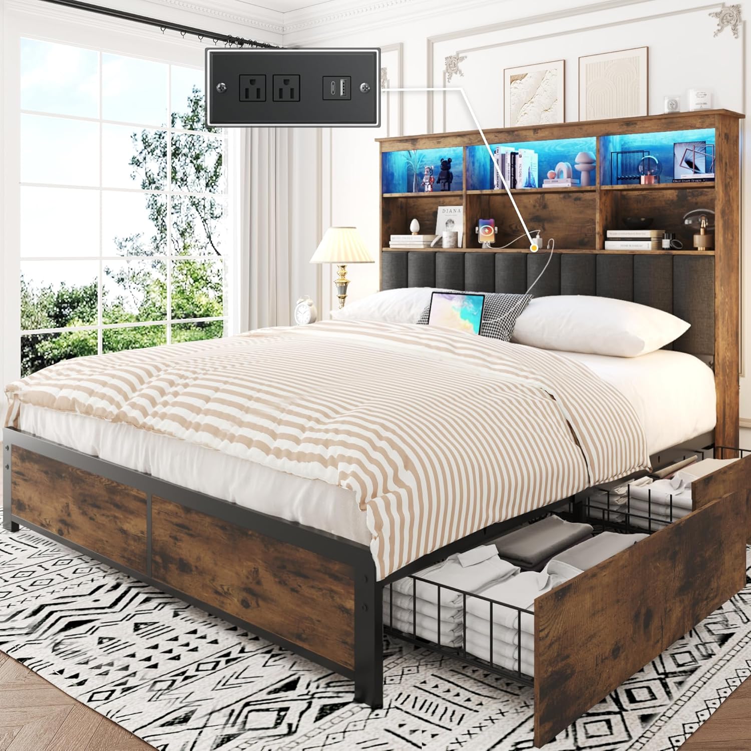 Lifezone Queen Bed Frame with Headboard, Queen Bed Frame with High Storage Bookcase Headboard, 4 Storage Drawers & Charging Station, No Box Spring Needed/Noise Free/All-Metal Support, Vintage Brown