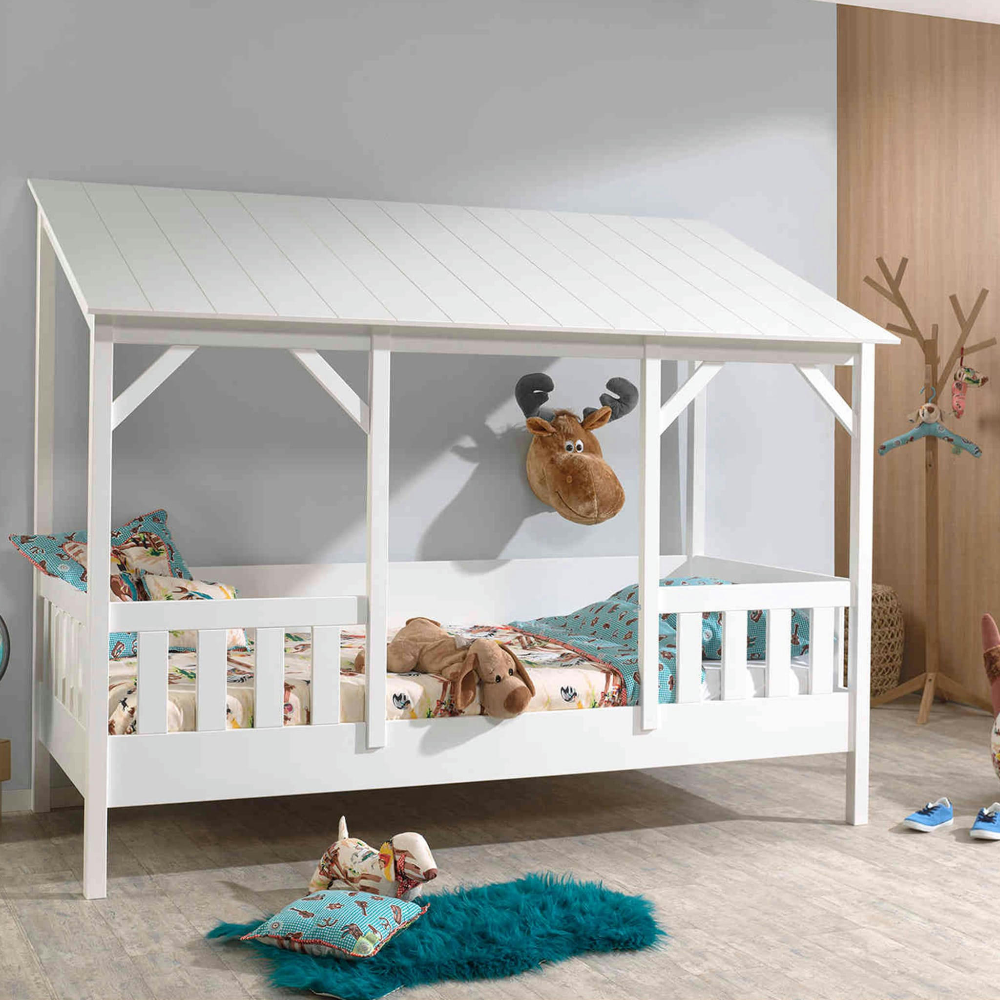 - Lit cabane enfant avec toit blanc en bois 90x200
