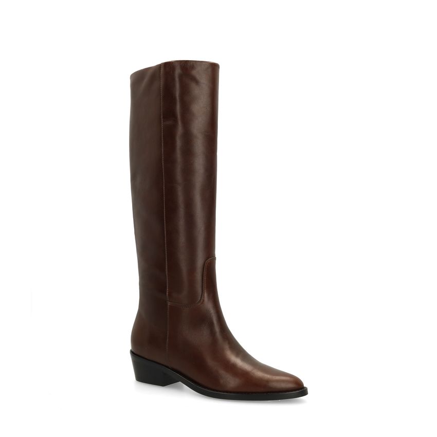 Manfield Donkerbruine leren hoge laarzen