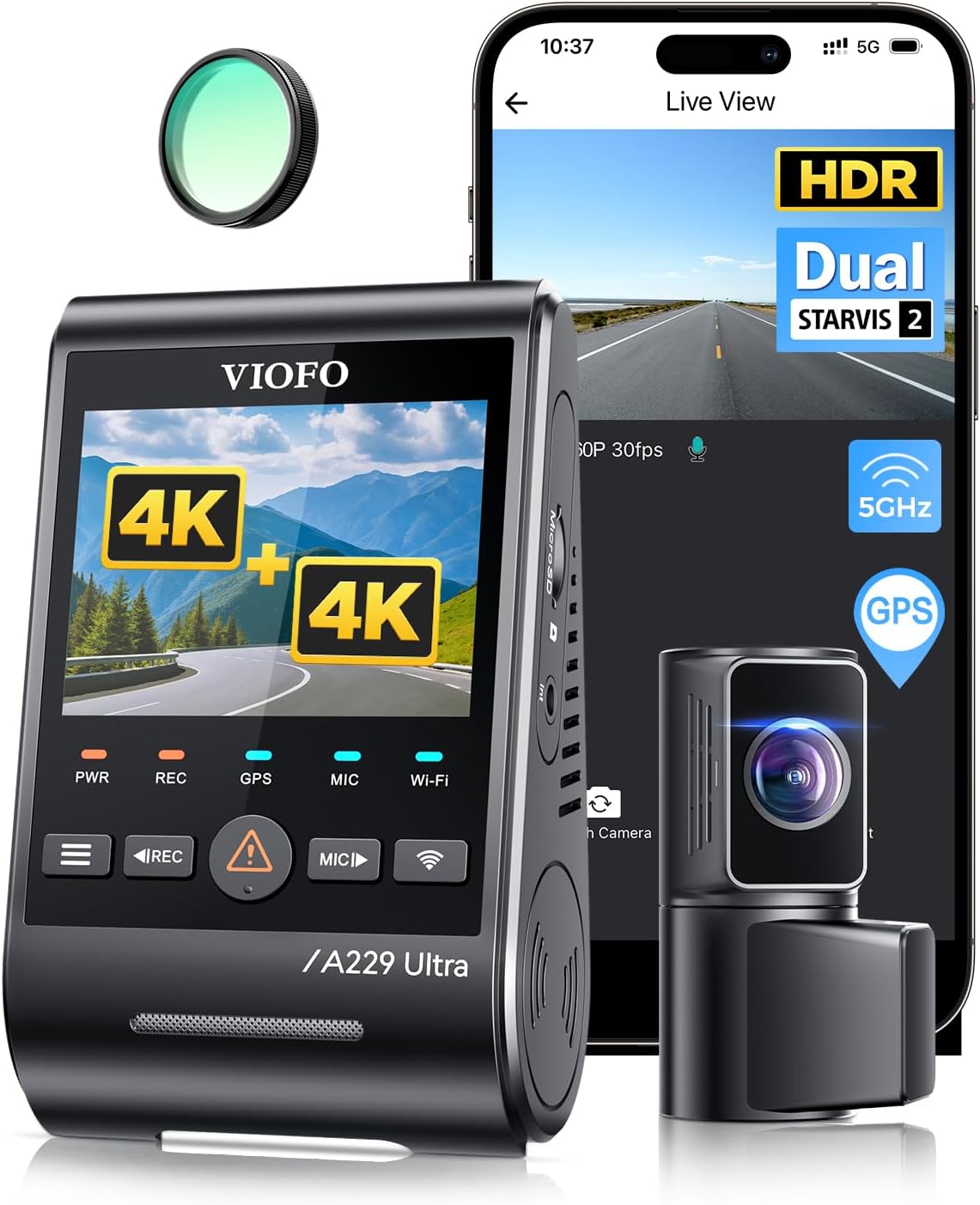 VIOFO A229 Ultra 2CH Dual 4K Dash Cam Front and Rear  Dual STARVIS 2 IMX678 Sensors & 2-Channel 4K HDR  Faster 5GHz Wi-Fi & Precise GPS Car Camera  Voice Control  Super Night Vision 2.0