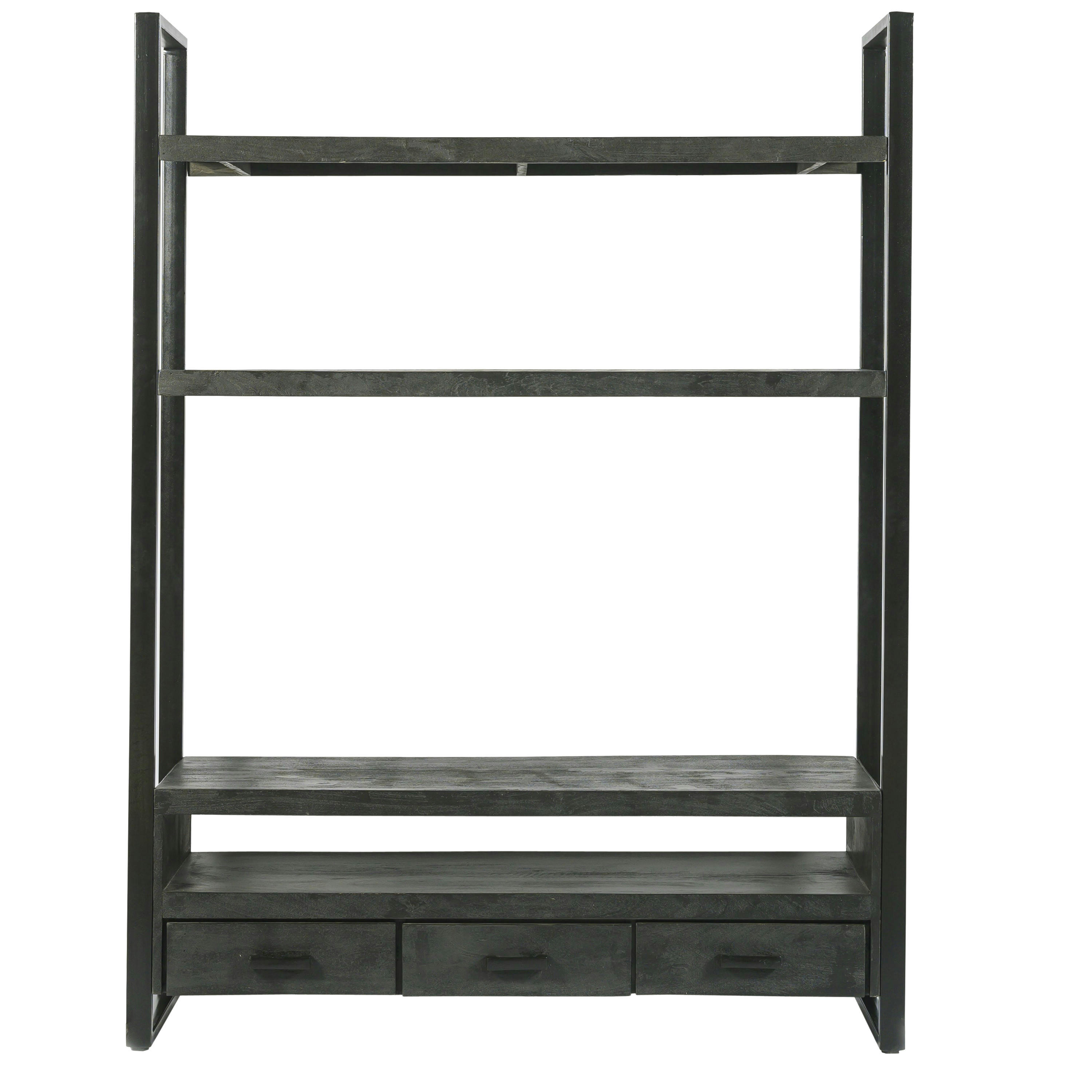 LUZ - LUZ-Meuble TV haut 3 tiroirs, bois de Manguier massif noir et métal