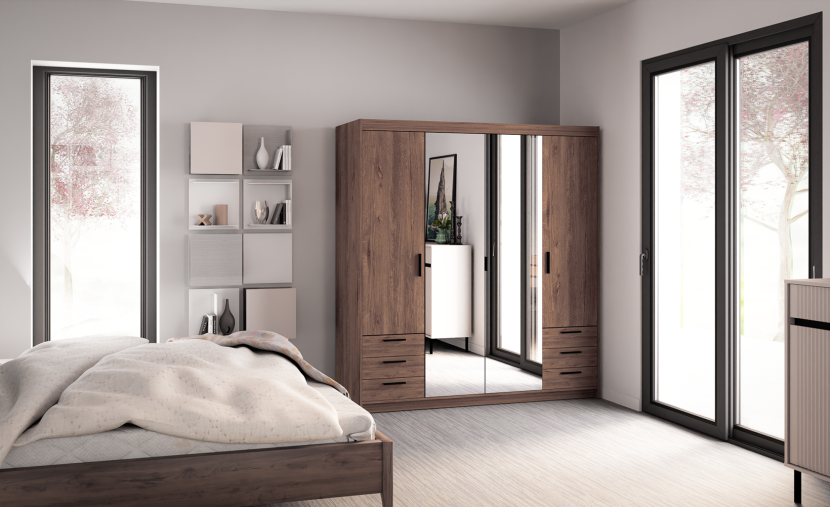 Szafa HELENA 4D 176 cm dąb Lefkas z lustrem i szufladami– elegancka,pojemna
