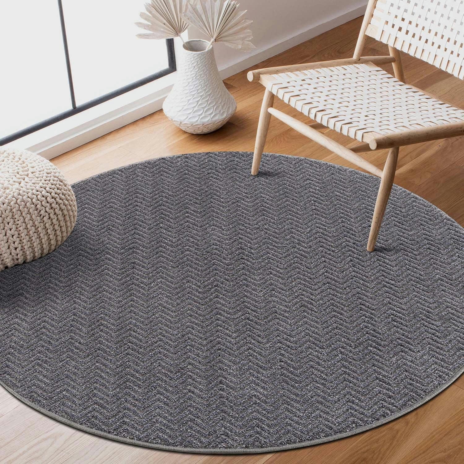 TARA - Tapis rond uni gris à relief chevron 200x200cm