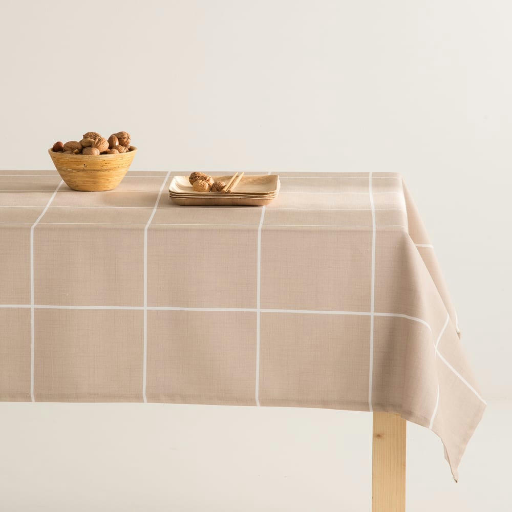 WINDOW BEIGE - Nappe imprimée beige avec traitement anti-taches en coton 140x300 cm