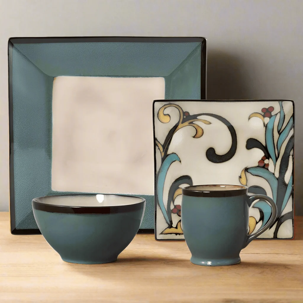 Gourmet Basics Belmont Square Blue Leaves Dinnerware Set