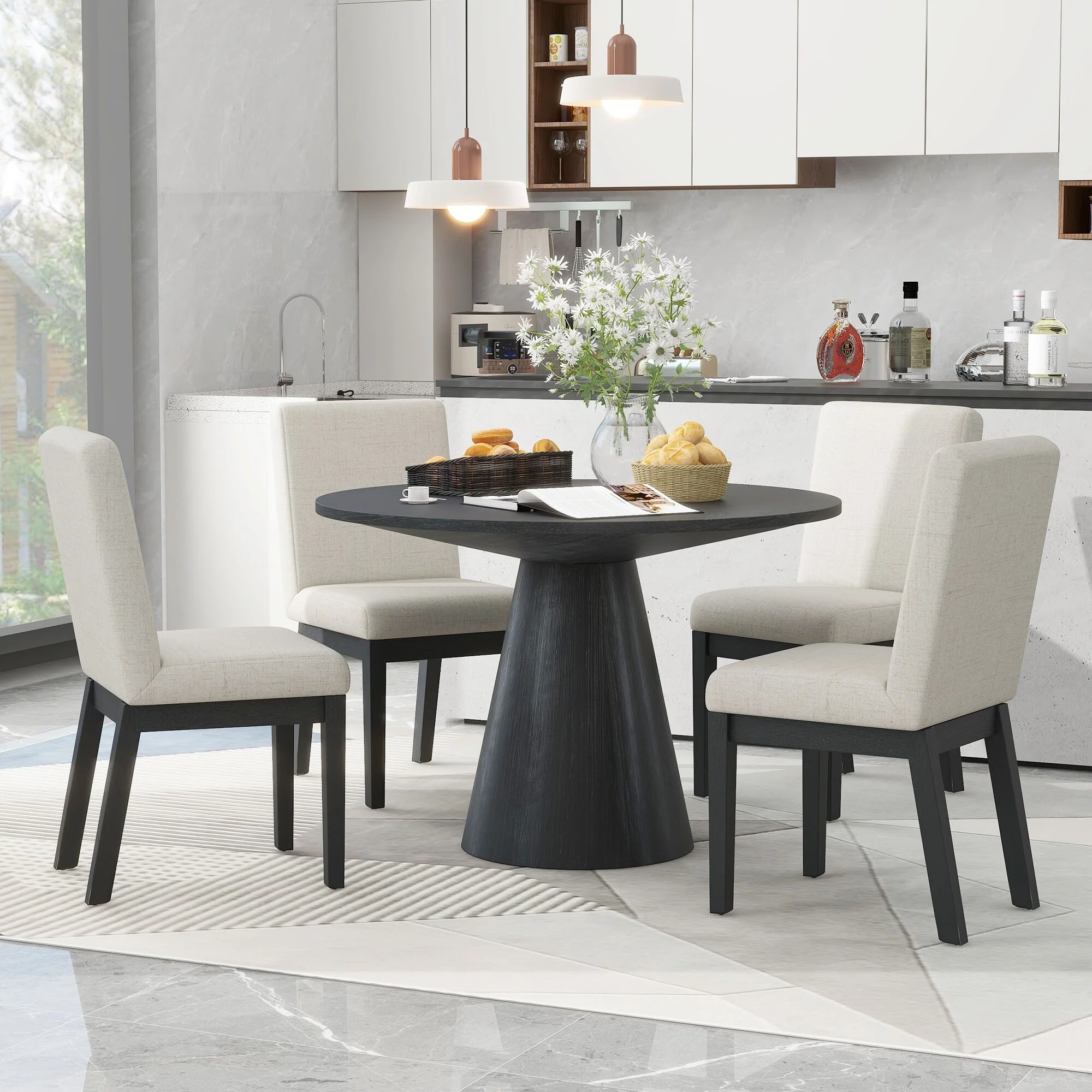 5-Piece Dining Table Set with Round Table & 4 Upholstered Chairs