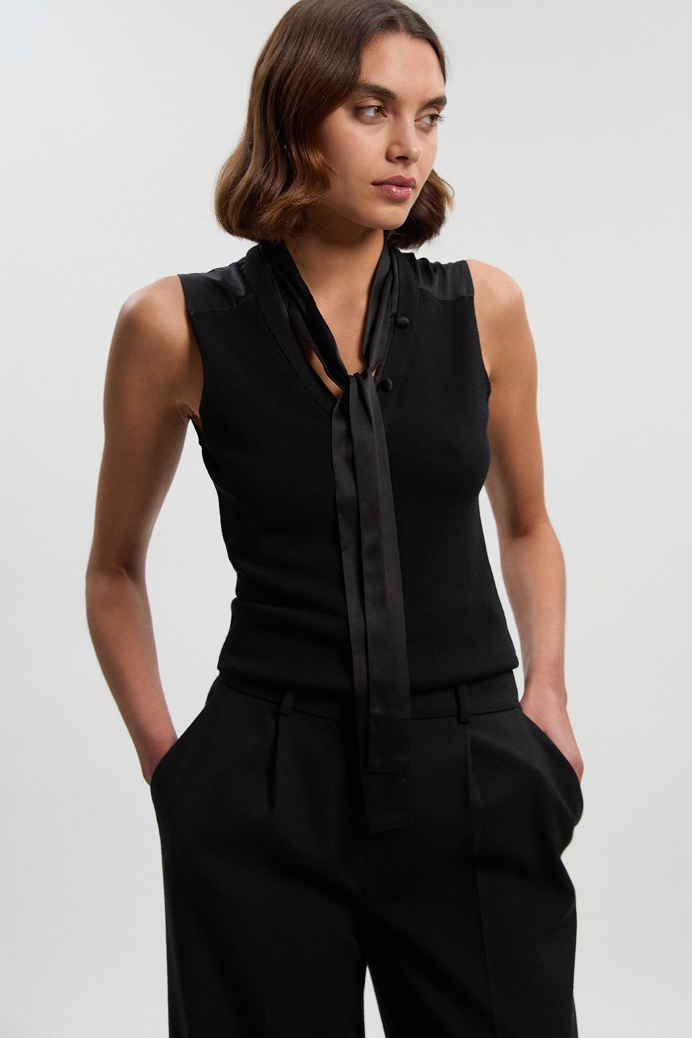 KarenMillen Tie Neck Woven And Knit Mix Top