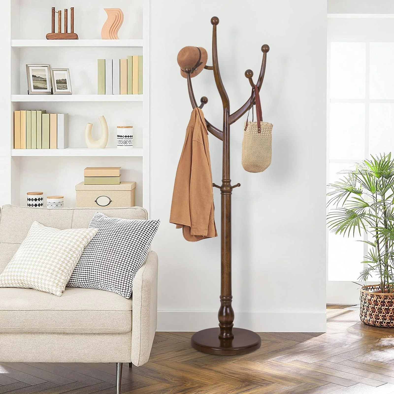 Tree-branch Rubberwood Freestanding Coat Rack with Hooks