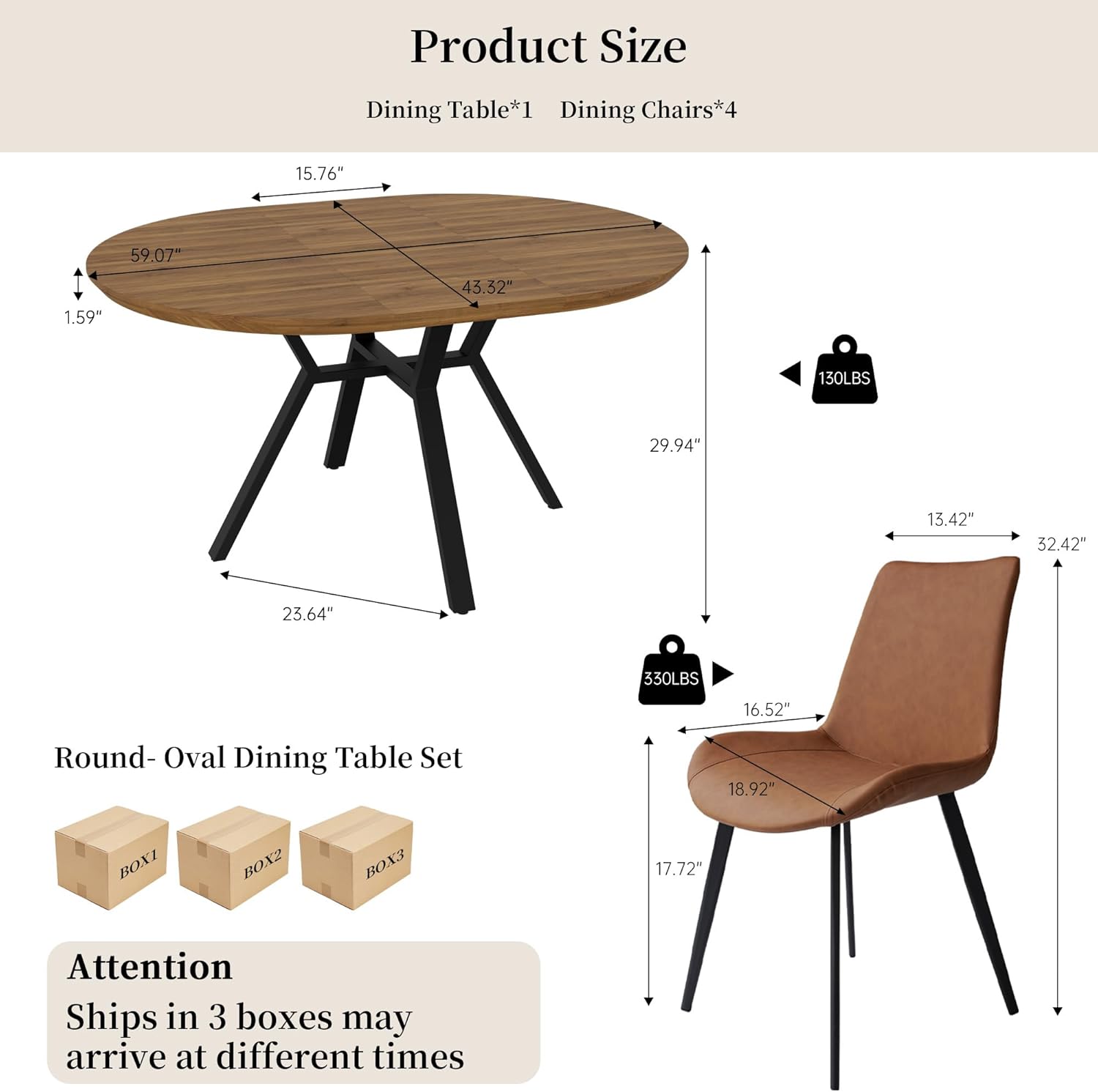 Extendable Round Dining Table Set for 4-6 People, 43.3-59.1 Extendable Kitchen Table with 4 Upholstered Chairs, Space Saving for Kitchen Dining Room (Walnut Table+4 Brown Chairs)