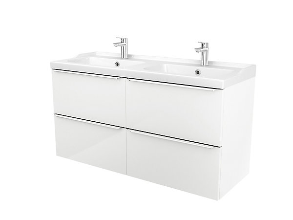 Meuble vasque suspendu blanc brillant l.120 cm Imandra   plan double vasque blanc céramique Lana, GoodHome