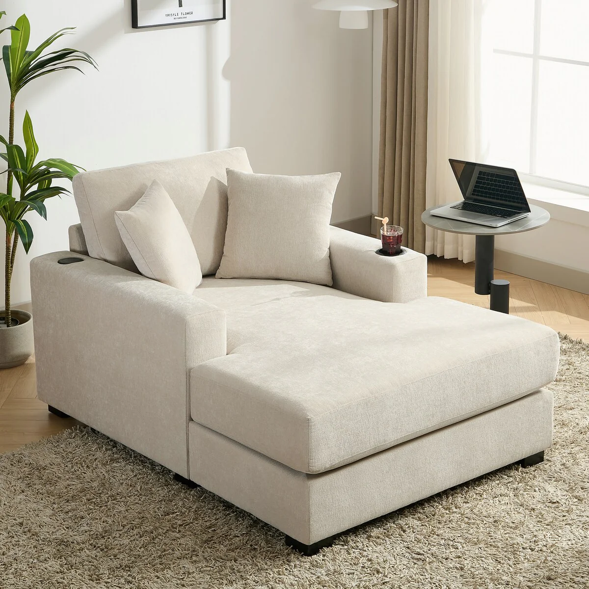 43.5Oversized Chaise Lounger Modern Style Sofa Couch,with Pillows,Charge Station & Cup Holders,Chenille Fabric