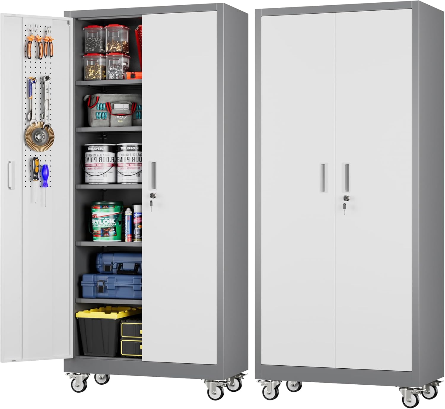 Aobabo Upgrade 71H''*32''W*16''D Metal Garage Storage Cabinet with Wheels and Pegboards, 5 Adjustable Shelves Steel Storage Cabinets for Home,Warehouse,Garage,Assembly Required,Grey and White