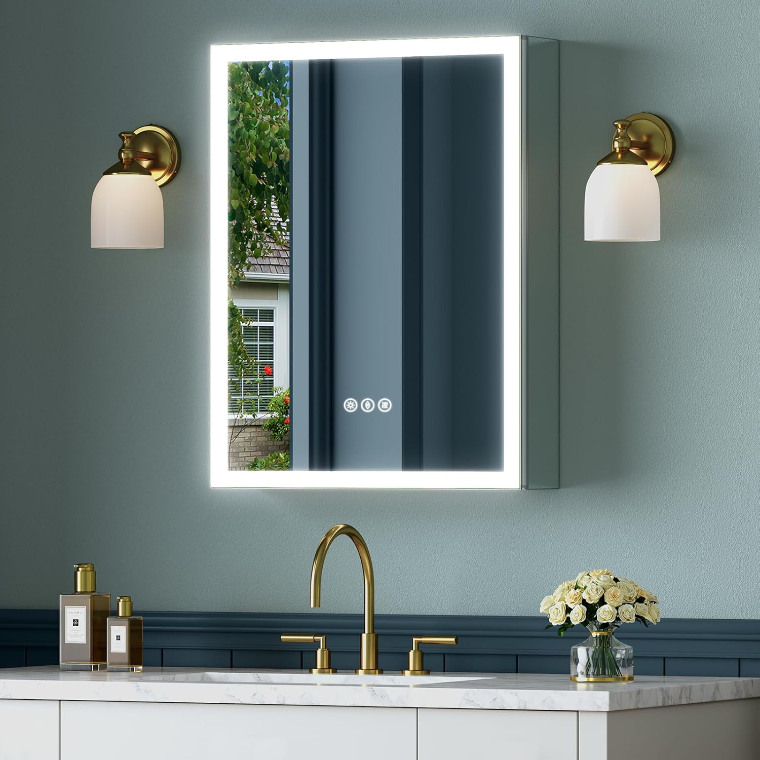 16x24 Inch Medicine Cabinet with Lights, Lighted Medicine Cabinet with Mirror, AL Alloy Frame, Hardwired, Recessed or Wall Mount, 3 Light Colors/Dimmable/Defog,2 Outlets&USBs, 2 Shelves