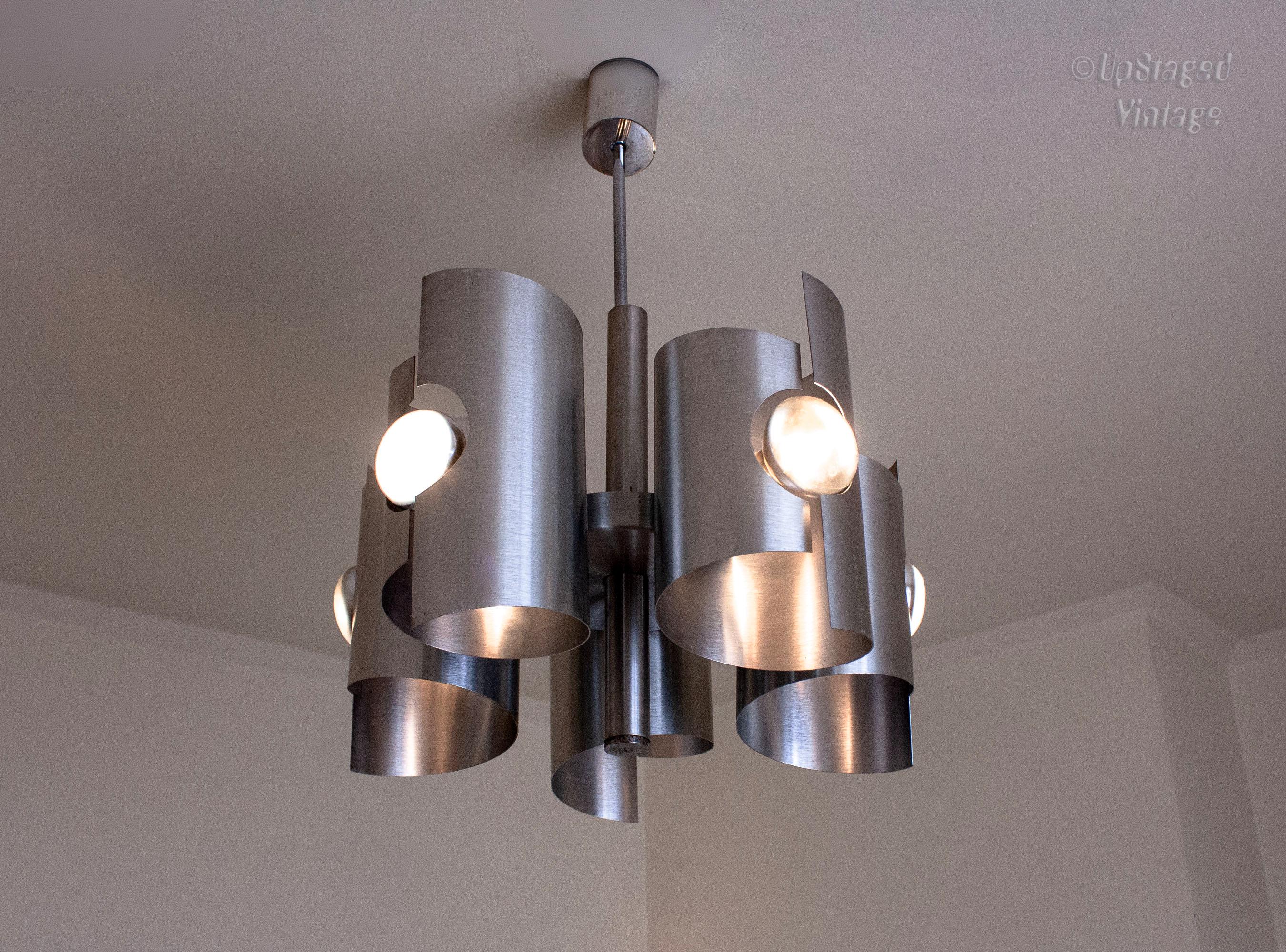 Polam Bielsko Chandelier Space Age Brushed Steel 1970s Vintage Light Fixture