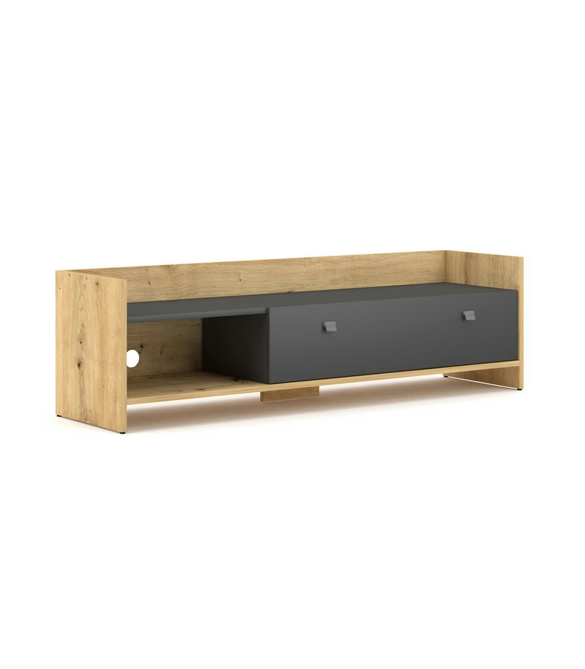 OPEN - Meuble TV 2 niches et porte rabattable effet bois - L140 x H37 cm