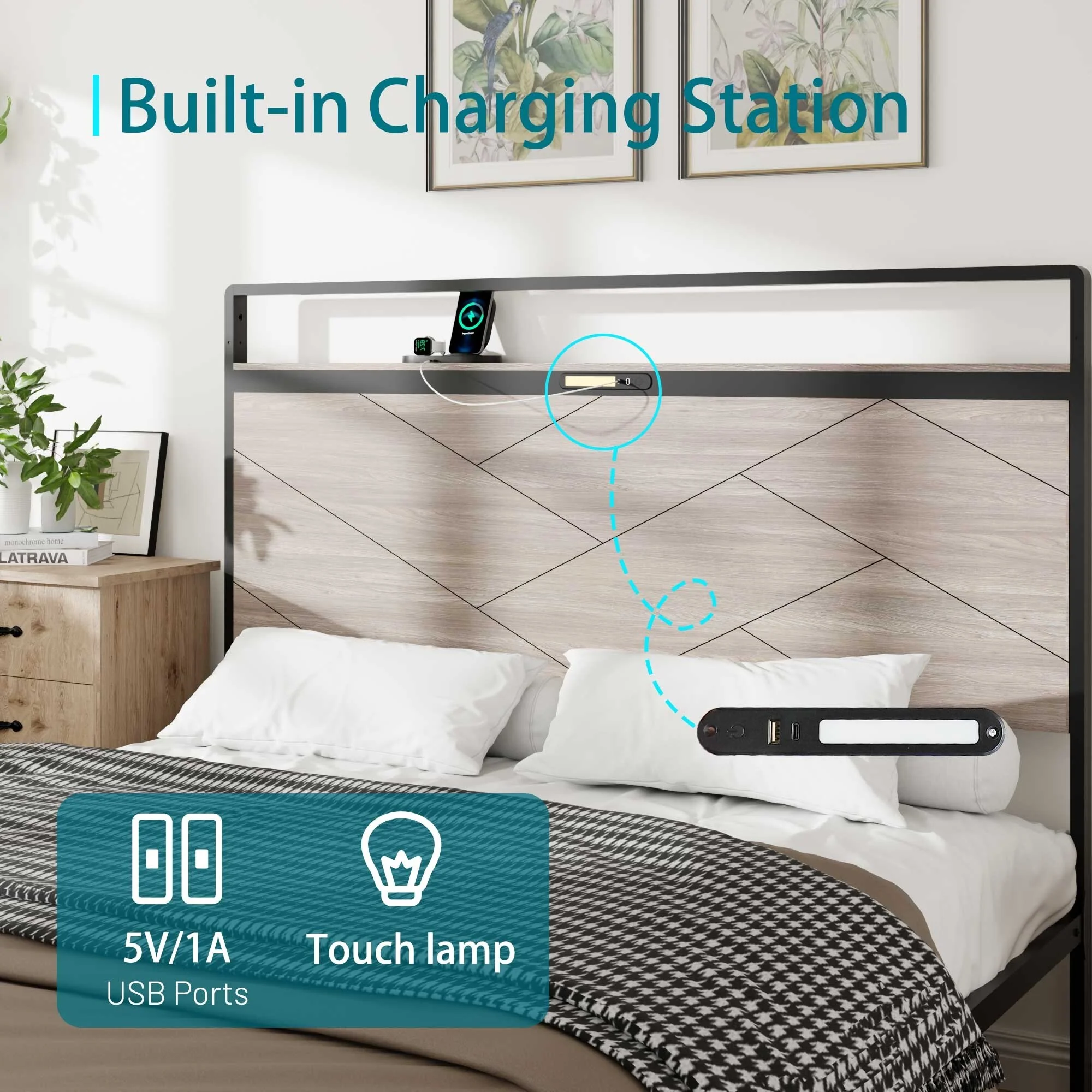 Bed Frame Full Size, Wooden Platform Bed Frame With Storage Led Light Headboard And 2 USB, Large Underbed Storage