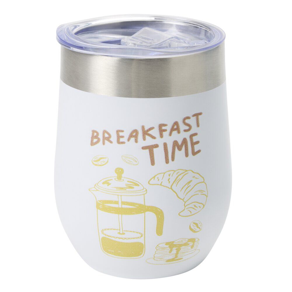 Mug de transport inox petit déjeuner Ø8xH12cm (2 modèles imprimé blanc ou jaune)