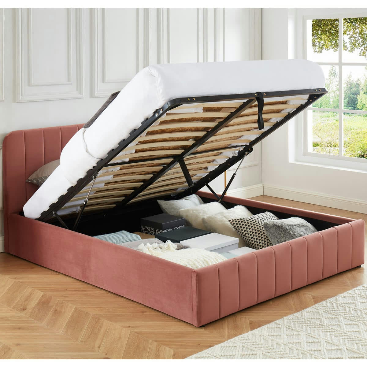 AVA - Lit coffre 160x200cm en velours rose + tête de lit + sommier à lattes