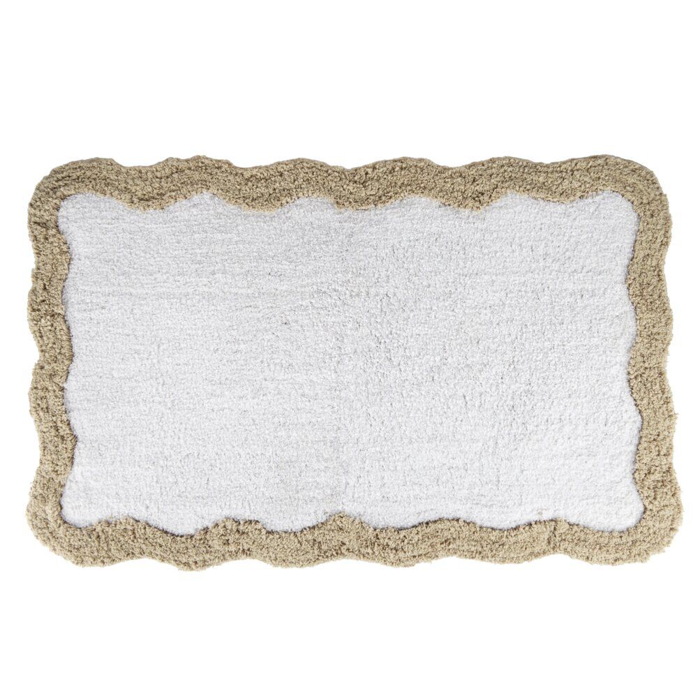 Tapis de bain rectangulaire contour vague coton blanc et beige 50x80cm