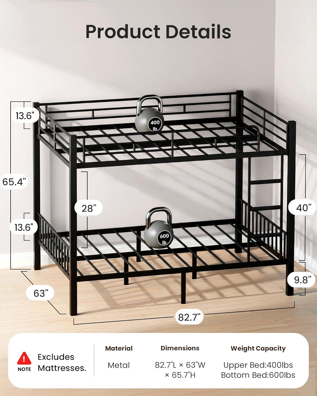 Queen Over Queen Bunk Bed for Adults & Teens, Heavy Duty Metal Bunk Bed with EVA Anti-Slip Ladder & Full-Length Guardrails, Noise-Free Queen Bunk Bed Frame with Under-Bed Storage, Black