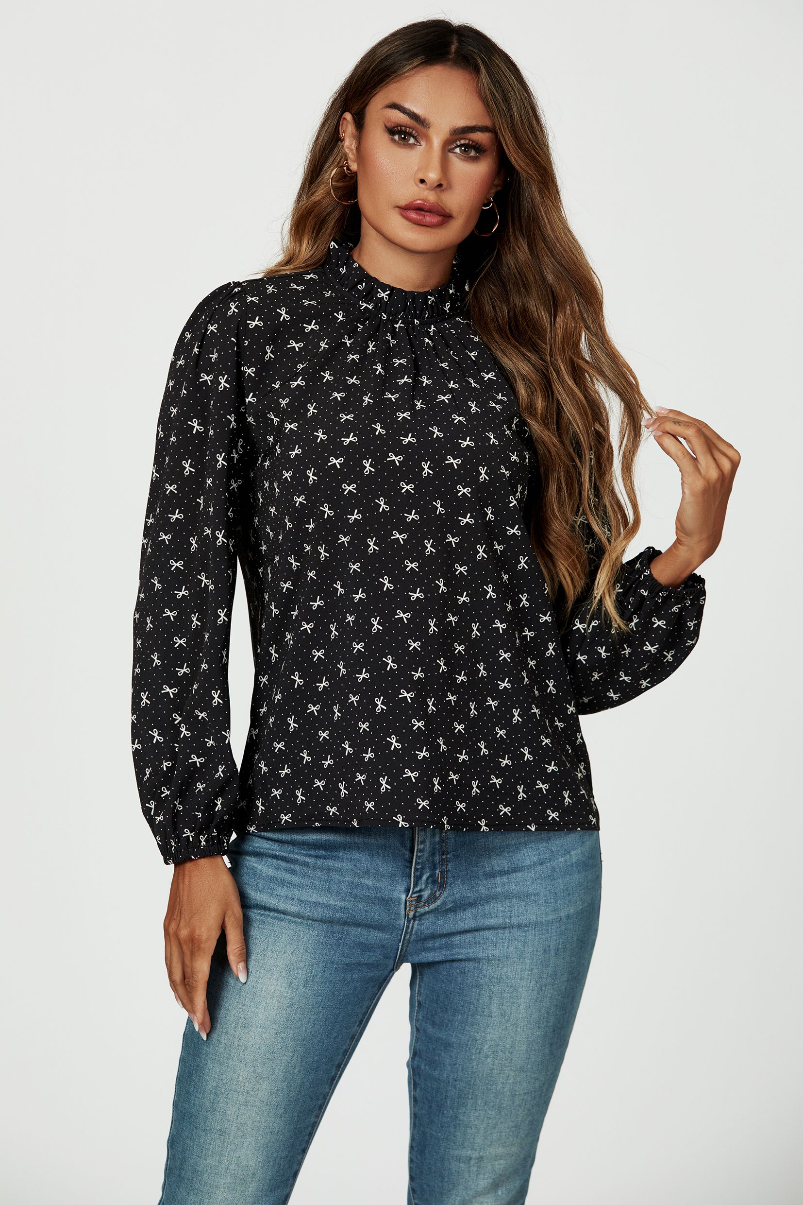 FS Collection Bow Print Frill Detail High Neck Top In Black