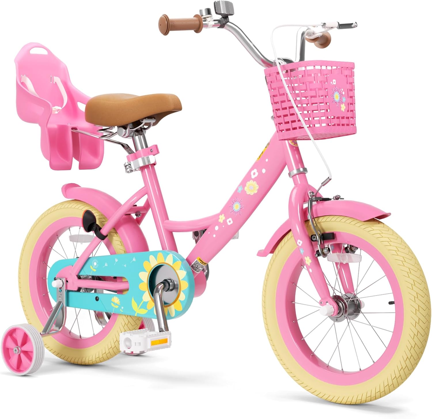 XJD Girls Bike for Toddlers 3-9 Years Old Kids, 12 14 16 Inch Kids Bike with Training Wheels, Streamers, Basket and Doll Seat