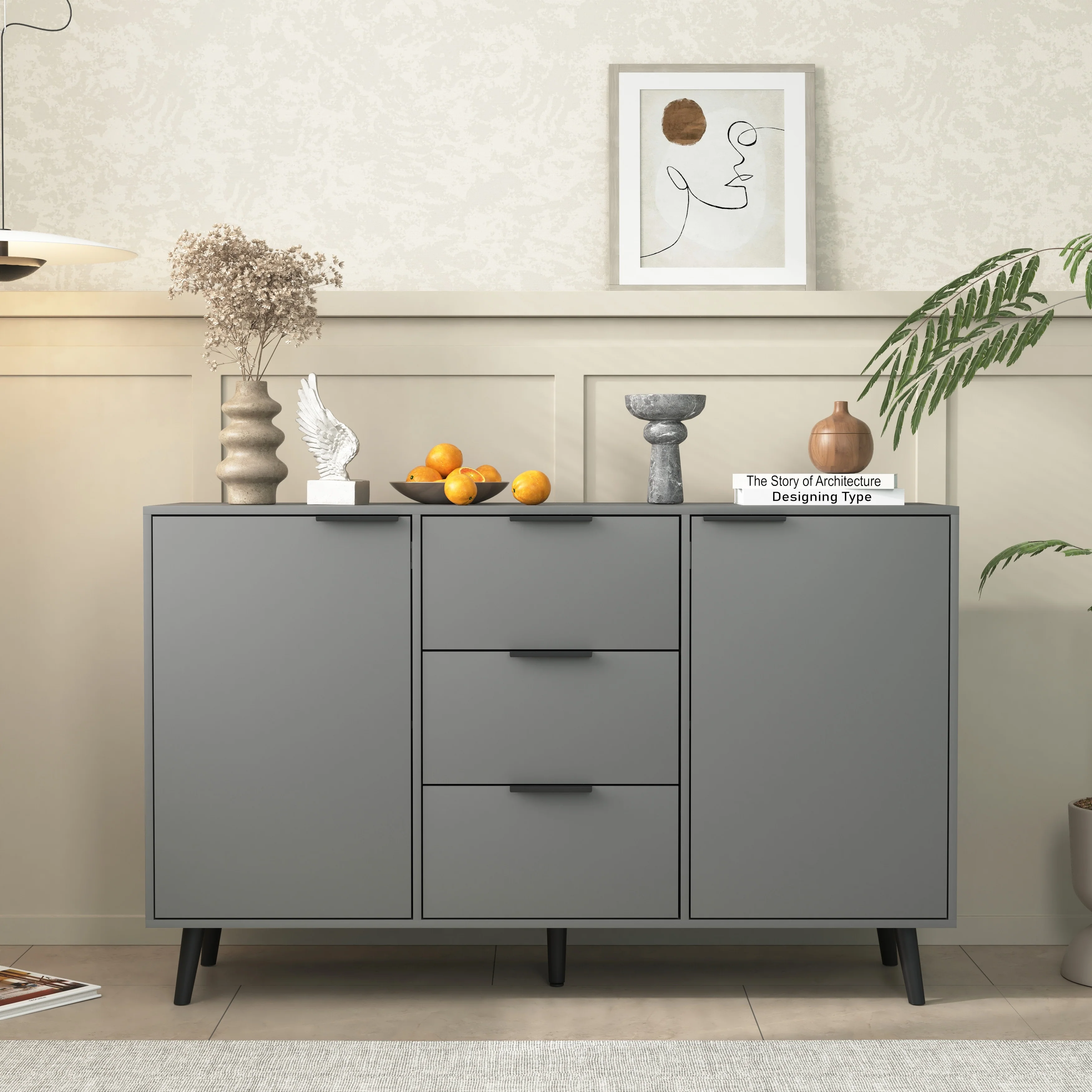 Sideboard Buffet Cabinet with Storage, Wood Coffee Bar Cabinet with Drawers & Doors