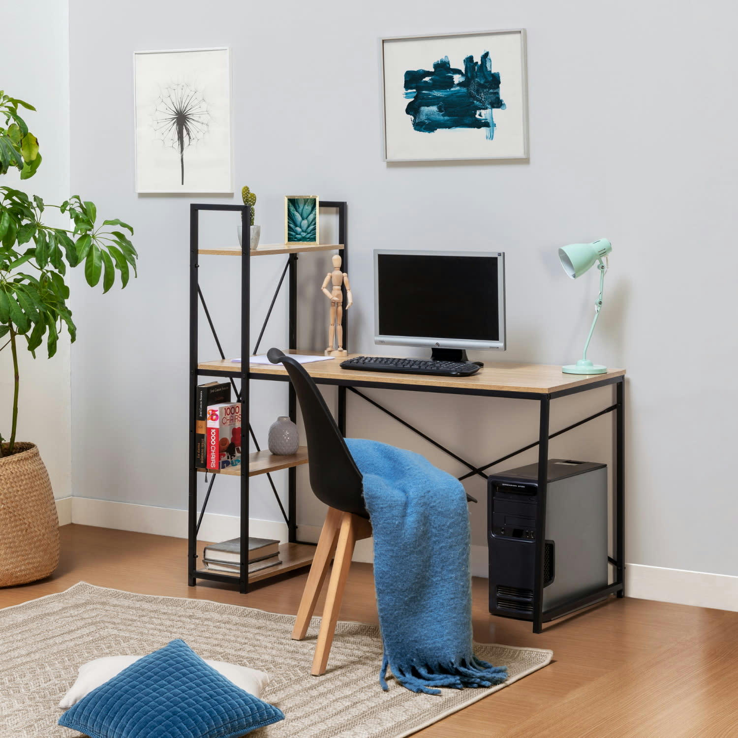 LIDIA - Bureau noir, 3 étagères, style industriel, 120 cm longueur