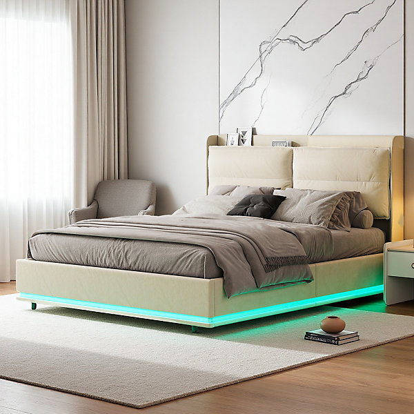 Lit coffre 160x200 cm en velours, LED   USB/Type-C, sommier à lattes, rangement, lit double, Beige