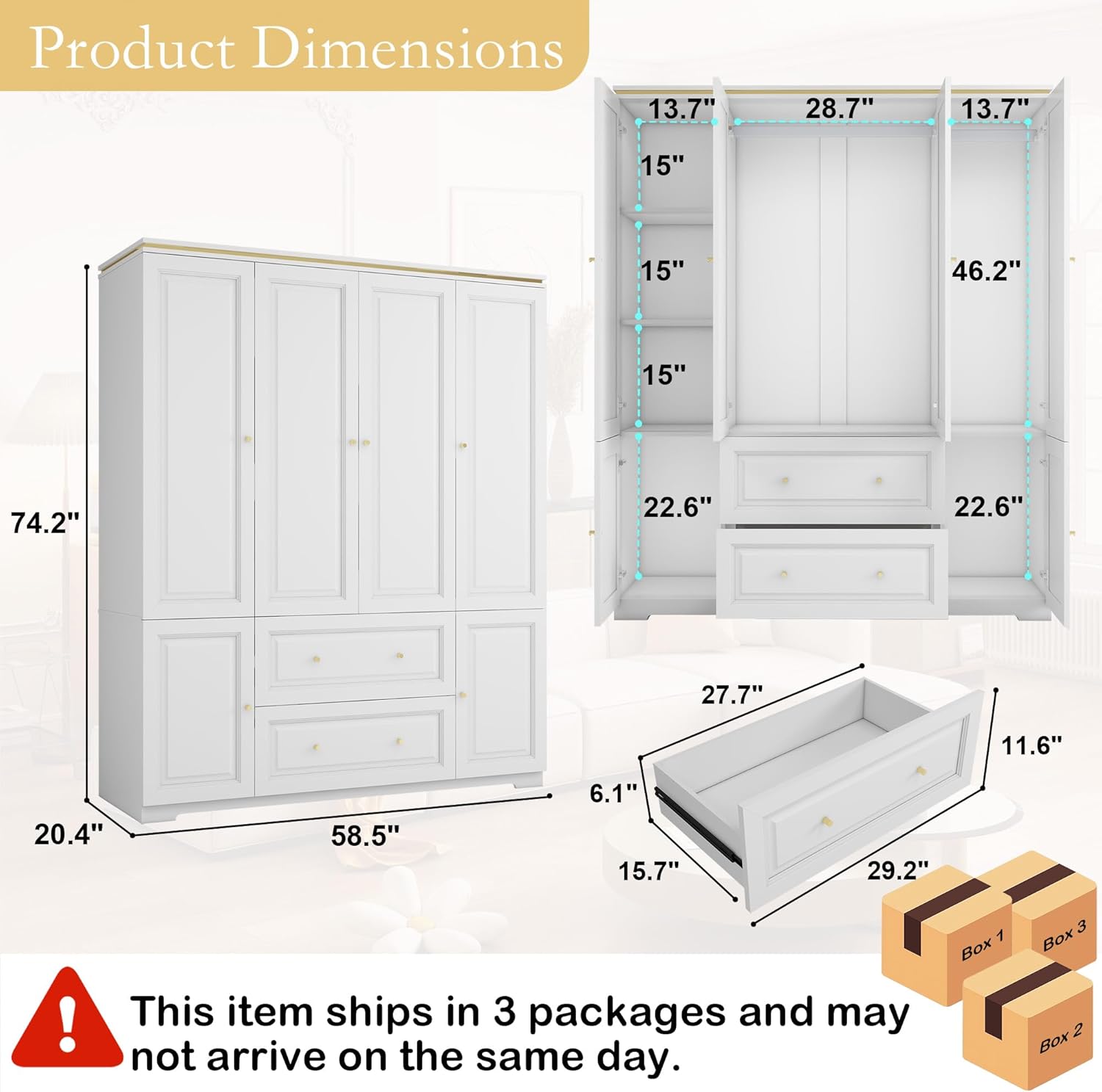 White Wardrobe with 2 Drawers: 74 Large Wardrobe Closet for Hanging Clothes, Tall Armoire Closet with 4 Doors, Bedroom Armoires with Hanging Rod (59)