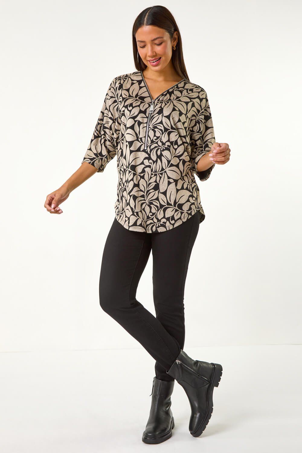 Roman Leaf Print Front Zip Stretch Top