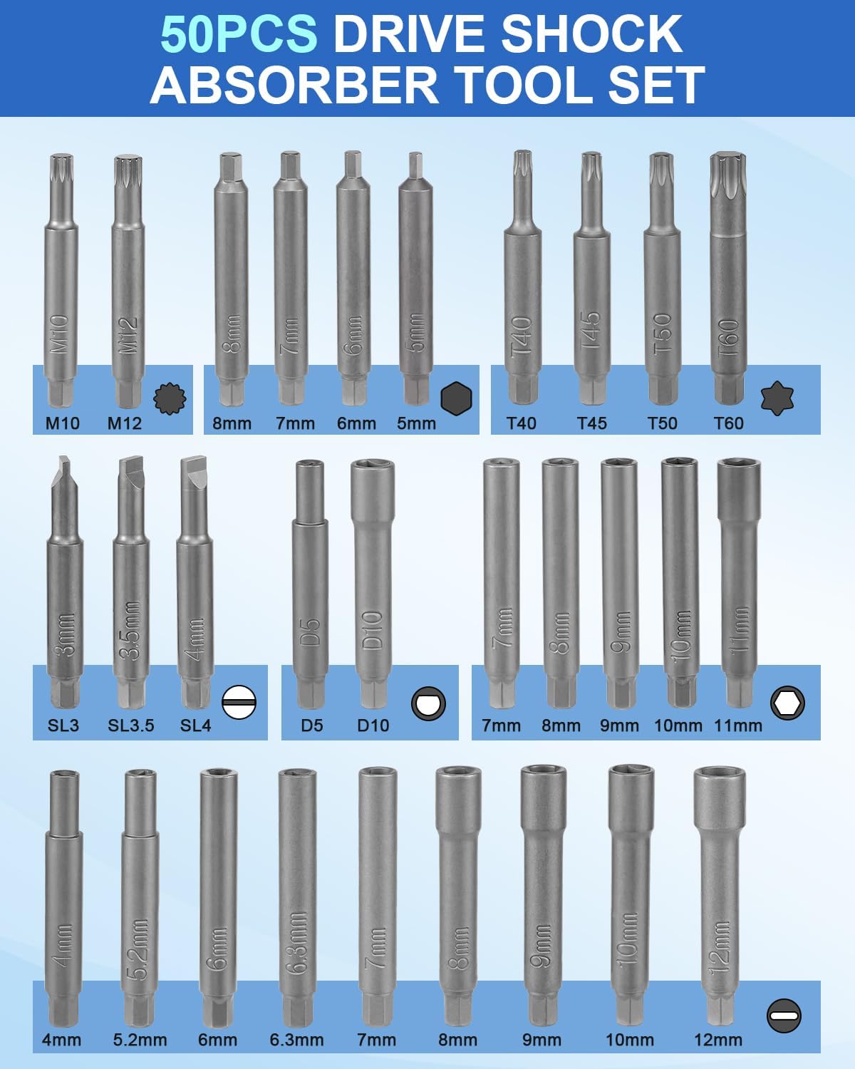 50PCS Strut Nut Socket Set Shock Absorber Socket Suspension Strut Top Mount Nut Removal Tool Suspension Strut Spreader Tool with Ratchet Adaptors