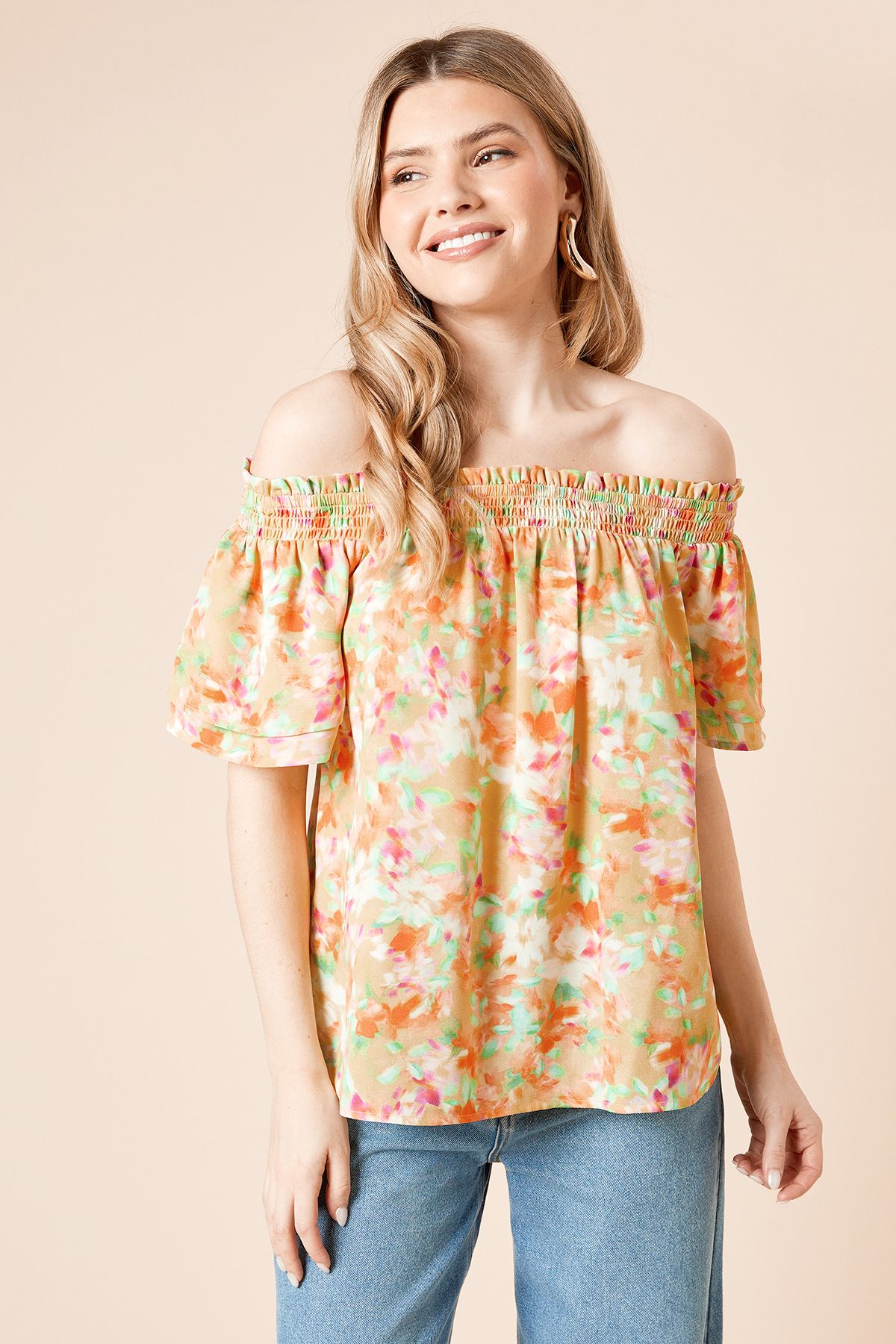 Dorothy Perkins Floral Bardot Double Frill Sleeve Top