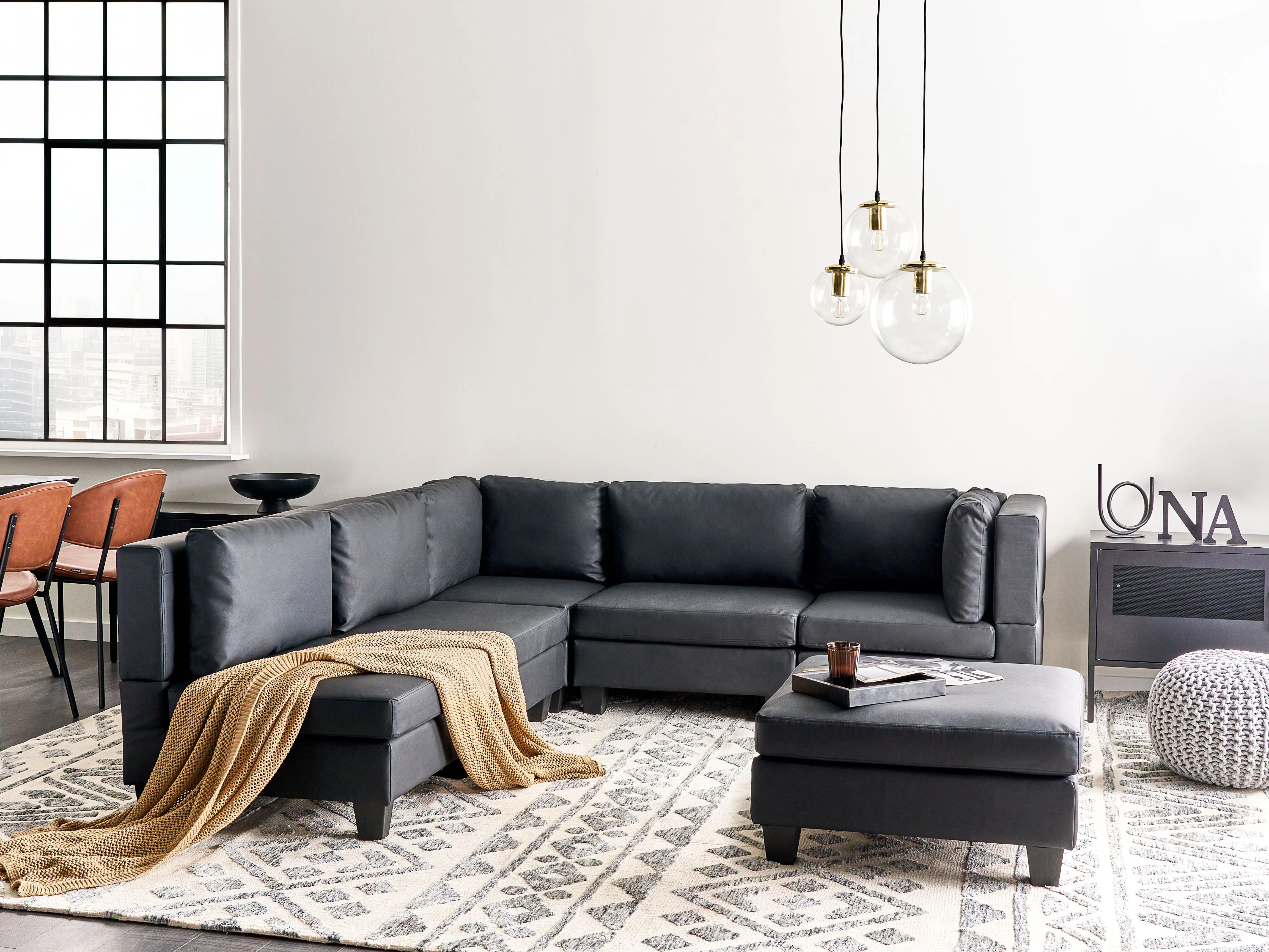Modular Corner Sofa 5 Seater UNSTAD Faux Leather Black with Ottoman Right Hand