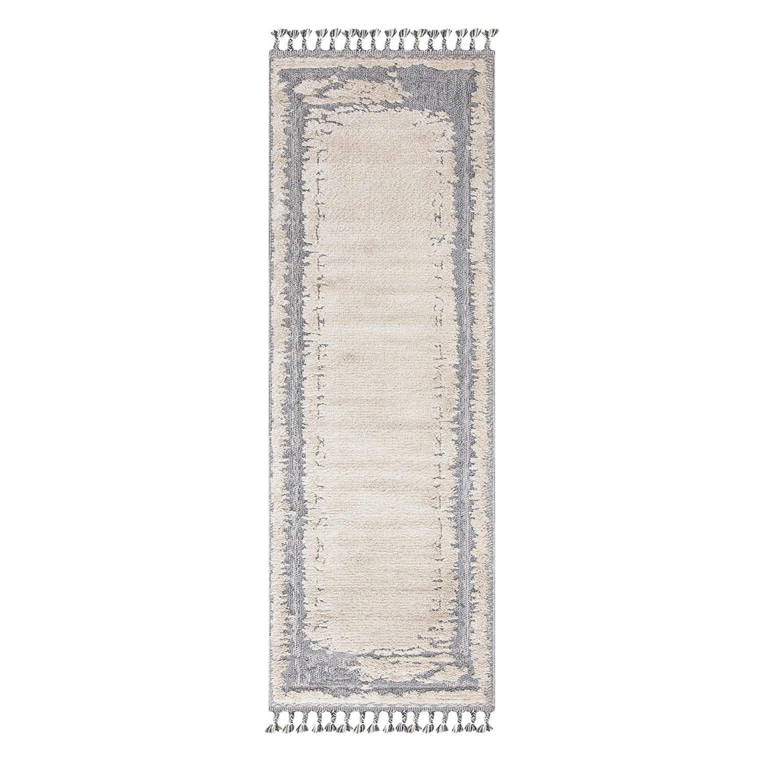 BOHOUSE - Tapis bohème chic à franges tressées crème et gris 80x300cm
