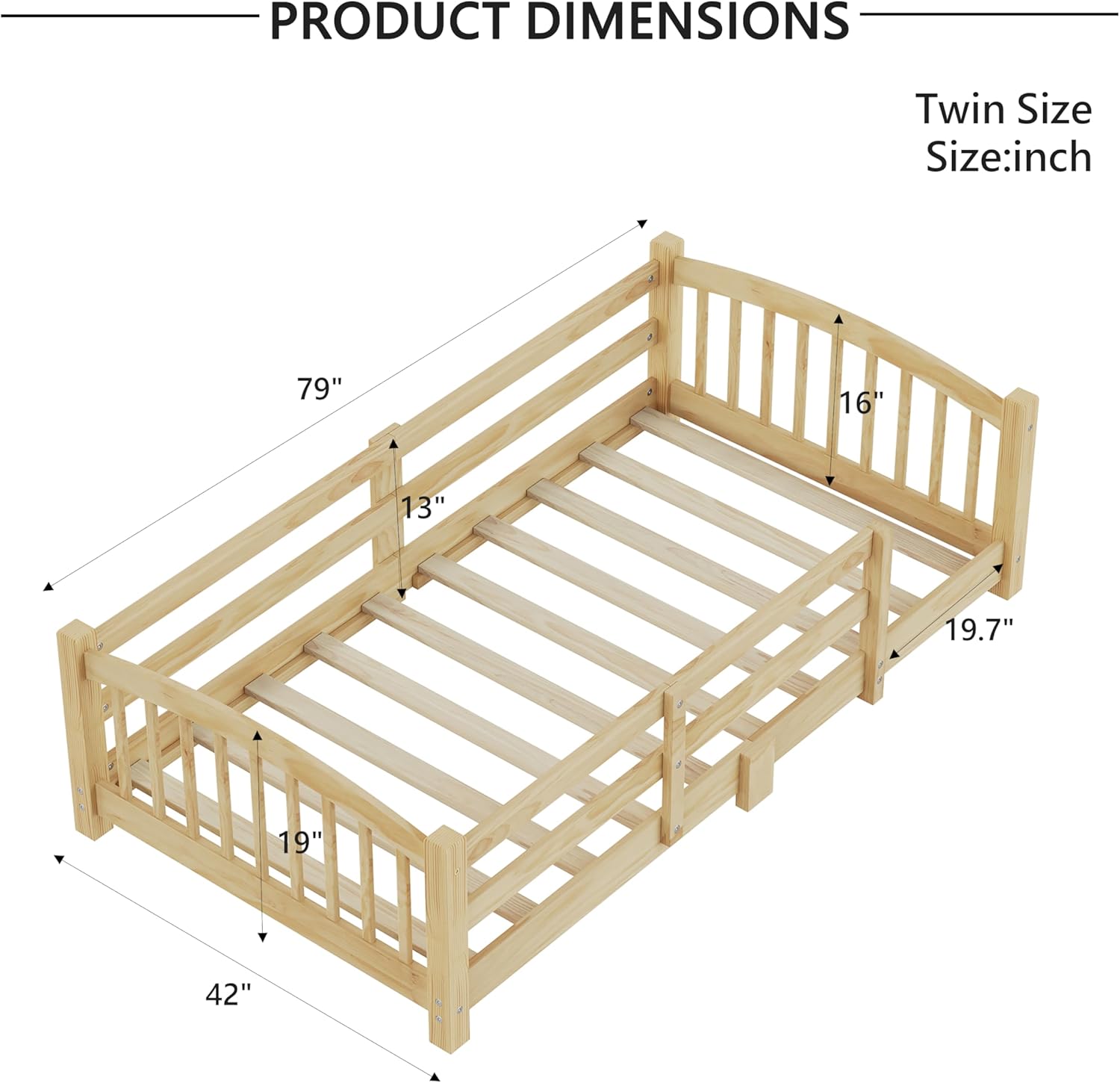 Merax Twin Montessori Floor Bed with Safety Guardrails – Solid Wood Kids Bed with Slats & Fence and Without Door, No Box Spring Needed, Natural