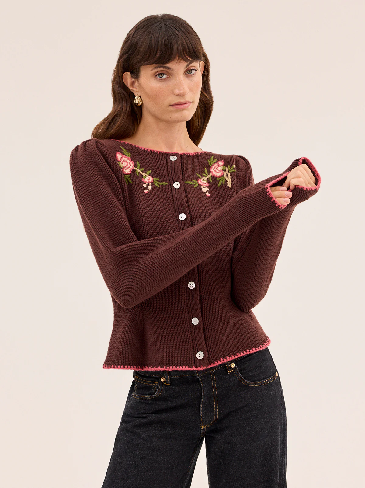 Leonie Chocolate Embroidered Knit Cardigan