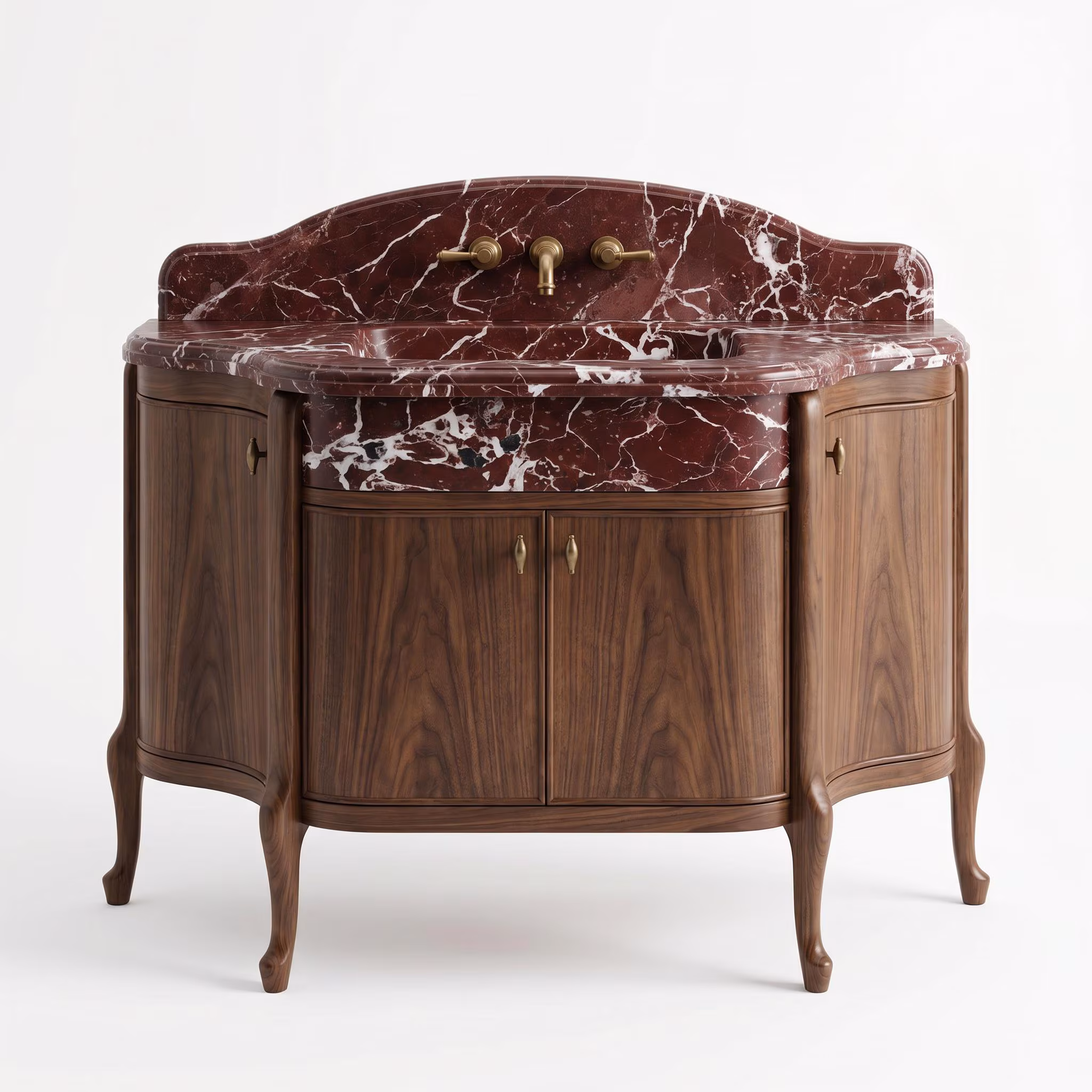 Luxury Rosso Levanto Marble Sink Bathroom Vanity with Solid Walnut Cabinet | Handmade Custom Stone Sink | Modern Luxury Home Decor