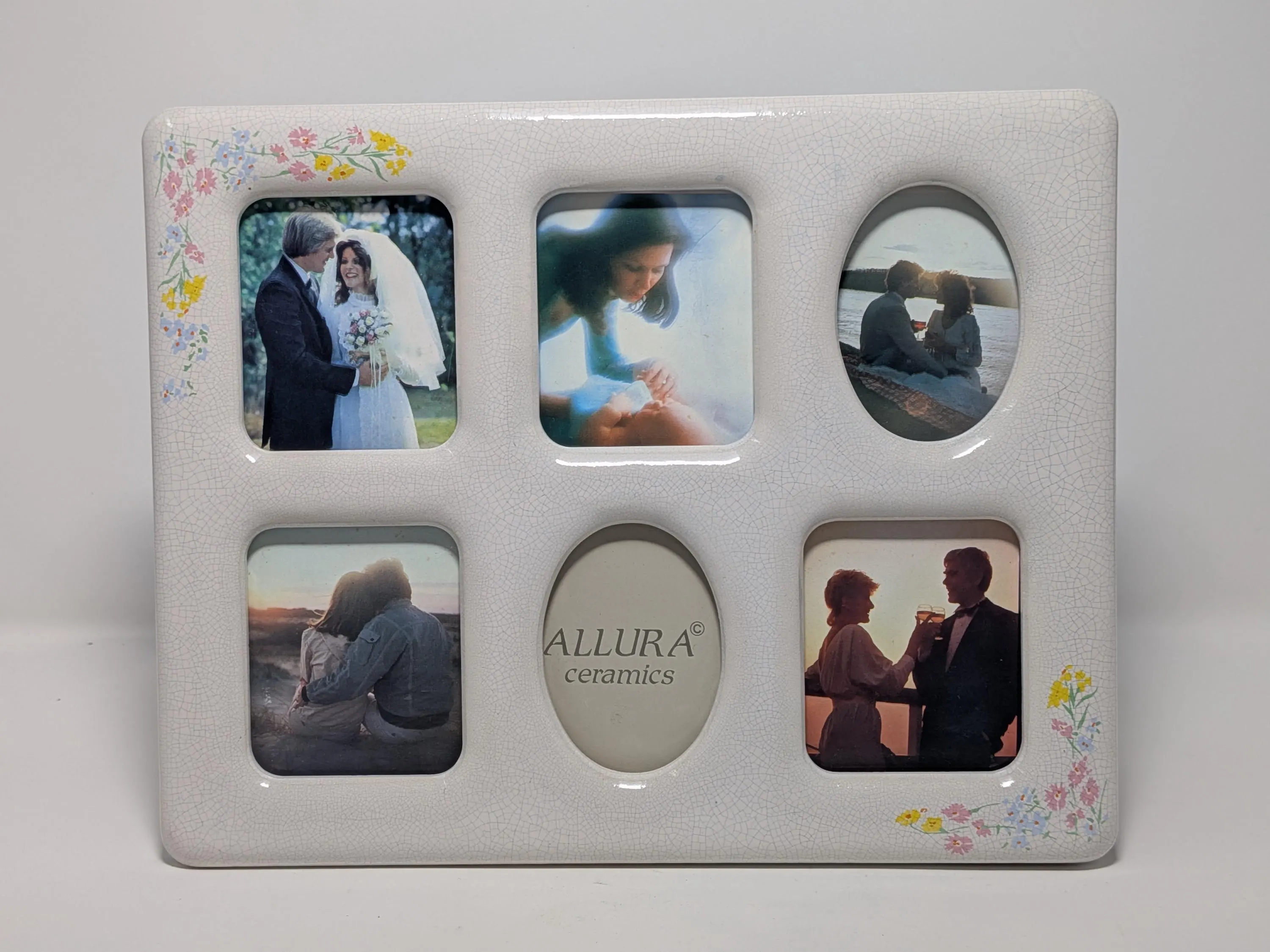 Vintage Multi-Photo frame white crackle glaze finish and delicate floral corner accents. Tabletop