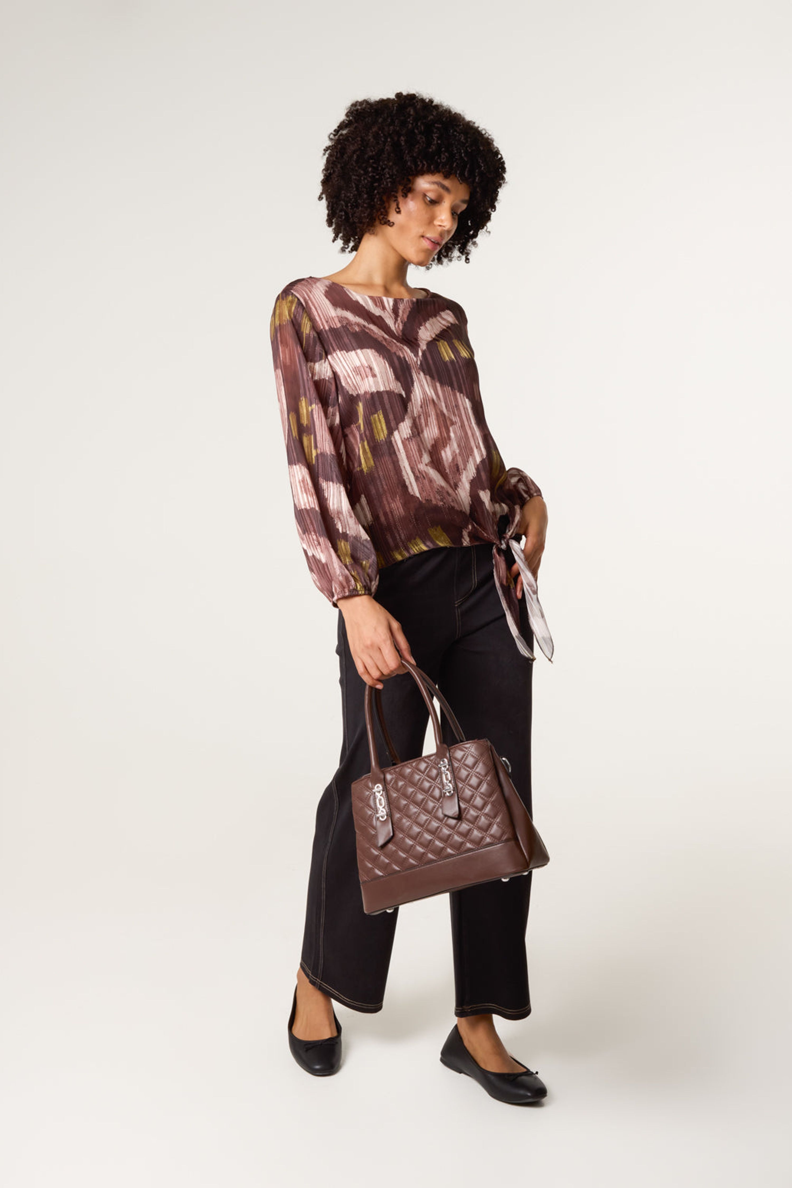 Blue Vanilla Brown Tie Knot Metallic Chiffon Blouse