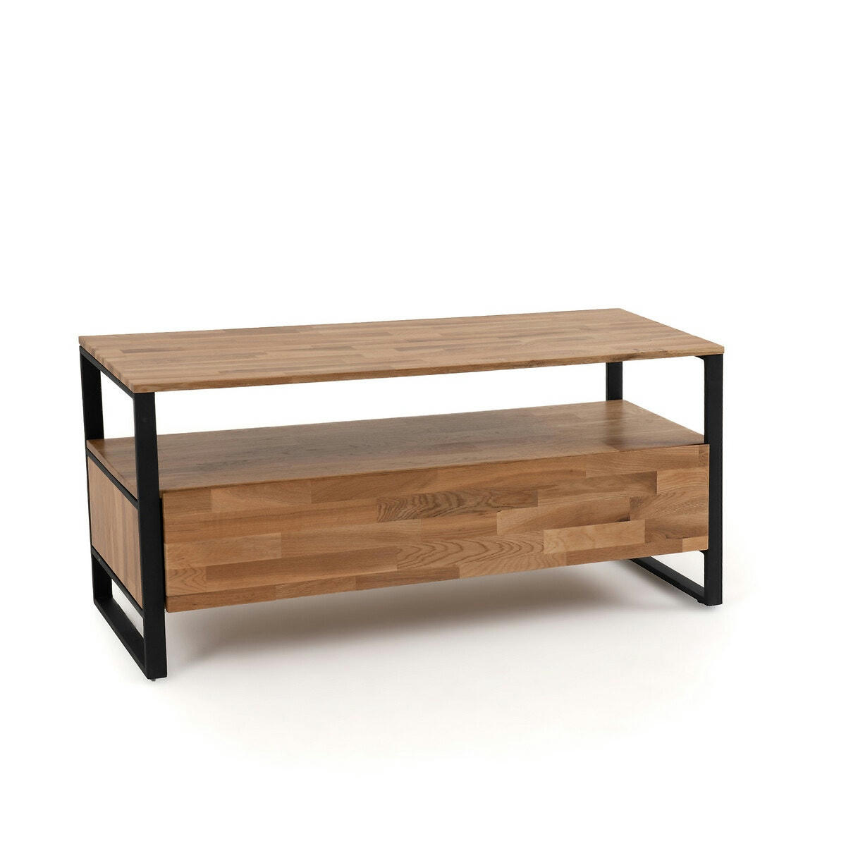 Banc TV, chêne massif abouté et acier, Hiba