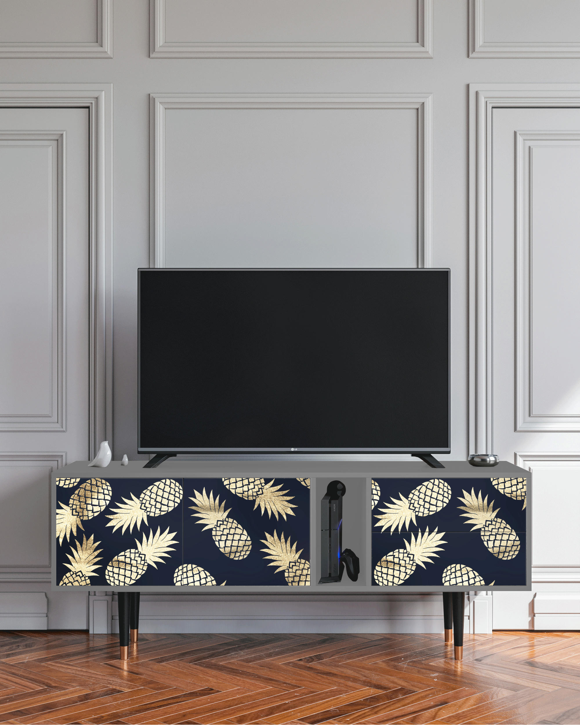 SUNNY PINEAPLE - Meuble TV  bleu et jaune 2 tiroirs et 2 portes L 170 cm