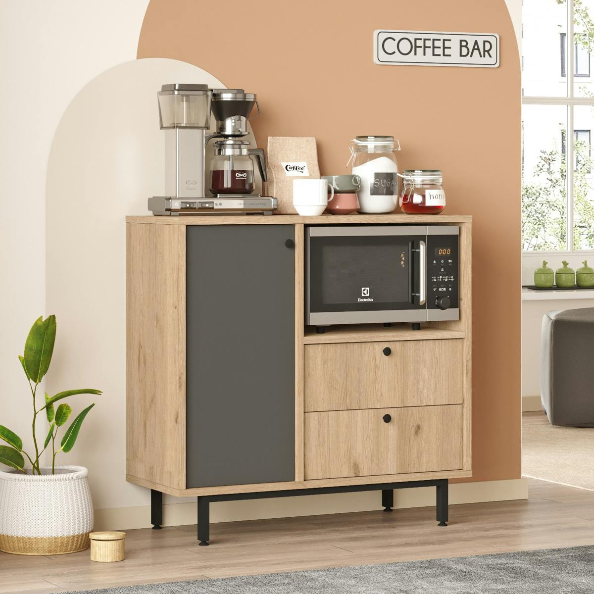 Buffet cuisine 1 porte anthracite et niche micro-ondes JENA