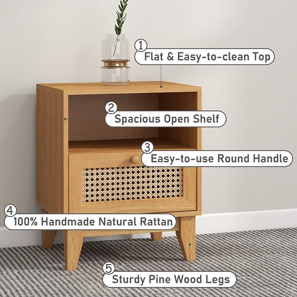 Nightstand Set of 2, Rattan Nightstand with Drawer & Open Shelf, Boho Accent End Table Side Table Bedside Tables