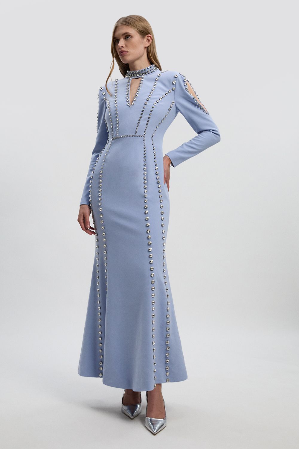 KarenMillen Crystal Embellished Woven Plunge Detail Maxi Dress